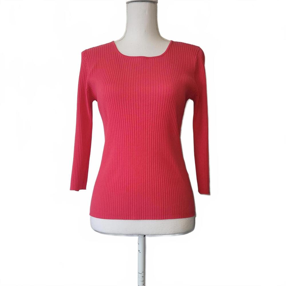 August Silk Vintage Ribbed Knit Womens 3/4 Sleeve Top Blouse Med Pink M